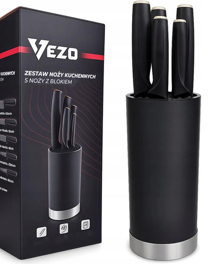 VEZO peilių rinkinys 5 dalių su stovu, virtuvinis peilis duonai ir šefo peilis