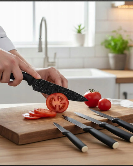 VEZO peilių rinkinys 5 dalių su stovu, virtuvinis peilis duonai ir šefo peilis