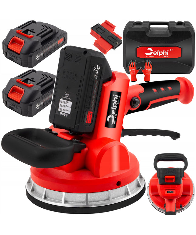 Vibruojantis plytelių lyginimo siurbtukas Delphi Tools 1000W 21V su 2 baterijomis, 6 vibracijos lygiais ir 150 kg keliamąja galia