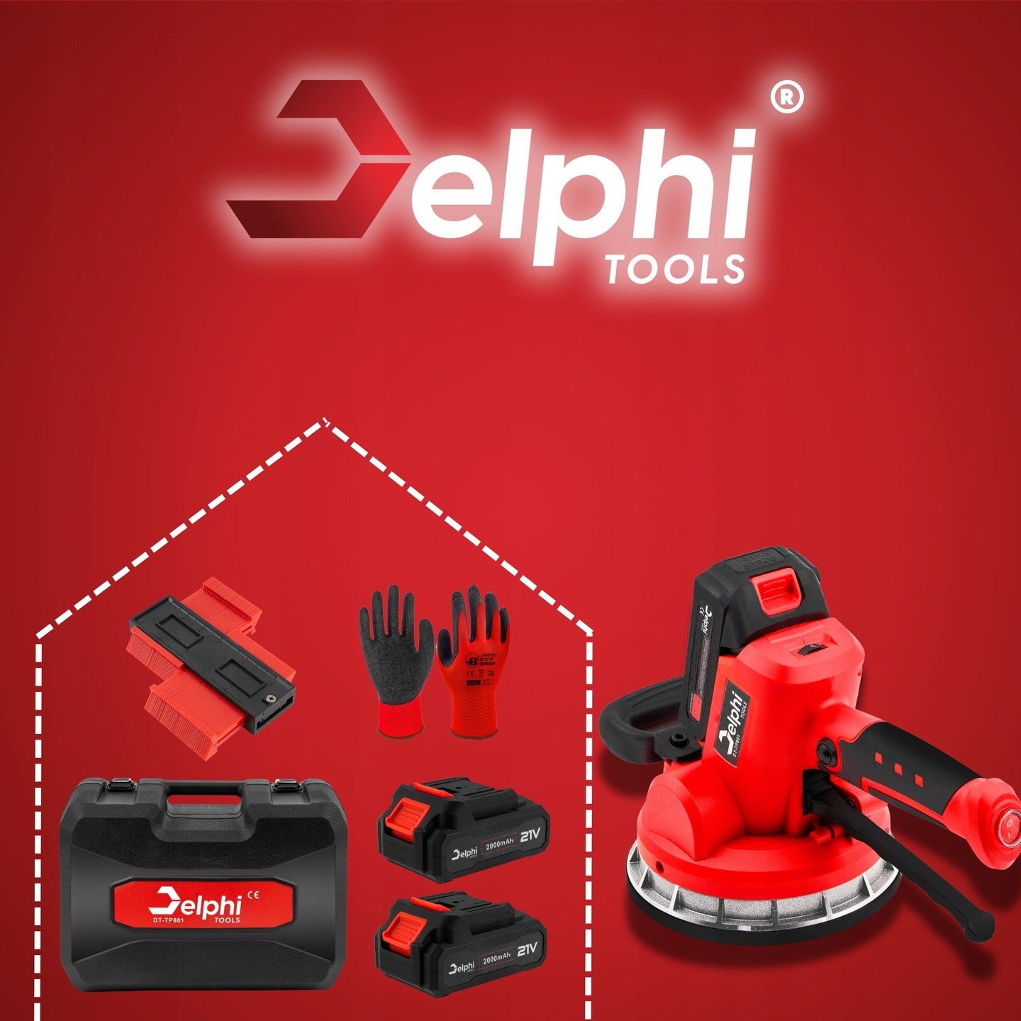Vibruojantis plytelių lyginimo siurbtukas Delphi Tools 1000W 21V su 2 baterijomis, 6 vibracijos lygiais ir 150 kg keliamąja galia