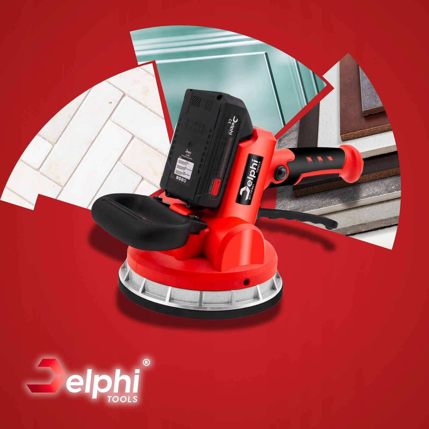 Vibruojantis plytelių lyginimo siurbtukas Delphi Tools 1000W 21V su 2 baterijomis, 6 vibracijos lygiais ir 150 kg keliamąja galia