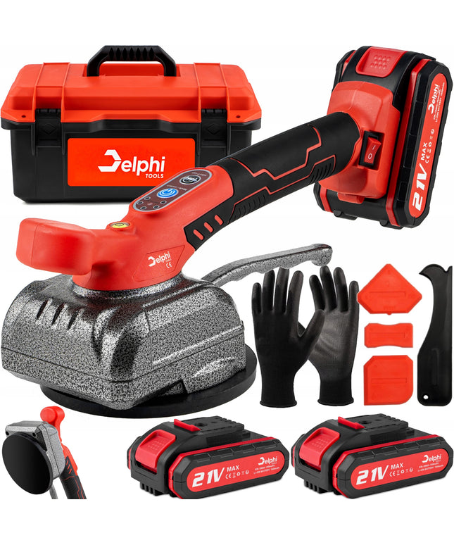 Vibruojantis plytelių kėlimo ir lyginimo siurbtukas Delphi Tools 21V su 2 baterijomis, 5 greičiais ir lagaminu