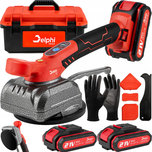Vibruojantis plytelių kėlimo ir lyginimo siurbtukas Delphi Tools 21V su 2 baterijomis, 5 greičiais ir lagaminu