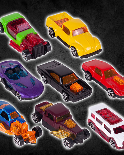 Vilkikas su automobilių paleidimo sistema, komplektas su 8 automobiliais vaikams