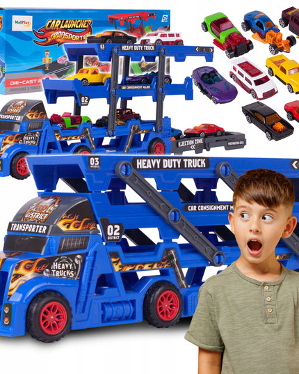 Vilkikas su automobilių paleidimo sistema, komplektas su 8 automobiliais vaikams