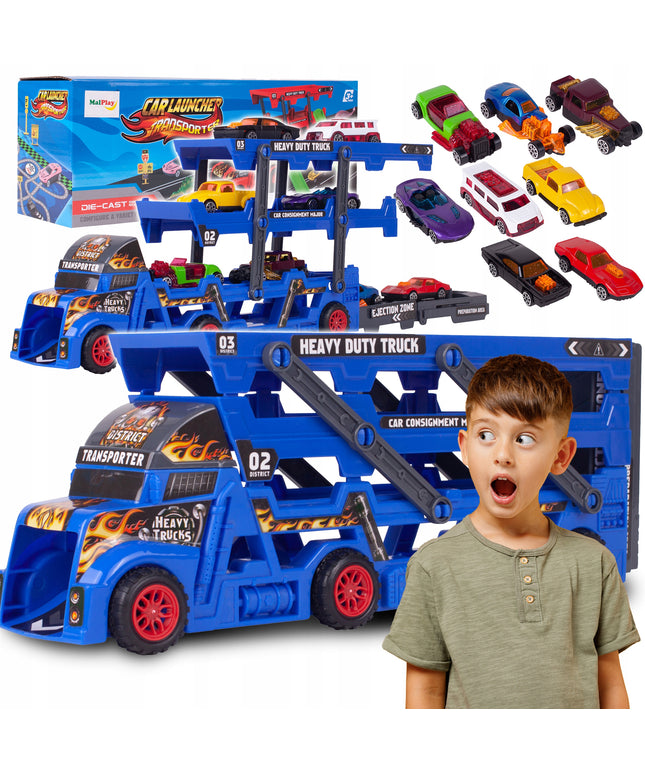 Vilkikas su automobilių paleidimo sistema, komplektas su 8 automobiliais vaikams