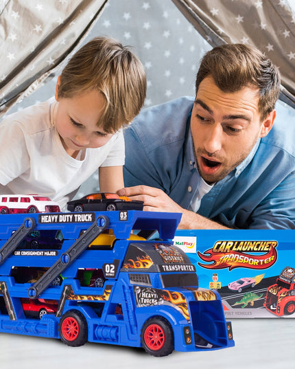 Vilkikas su automobilių paleidimo sistema, komplektas su 8 automobiliais vaikams