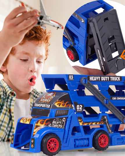 Vilkikas su automobilių paleidimo sistema, komplektas su 8 automobiliais vaikams