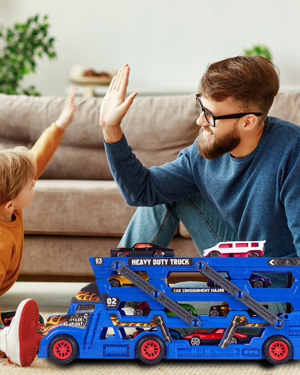 Vilkikas su automobilių paleidimo sistema, komplektas su 8 automobiliais vaikams