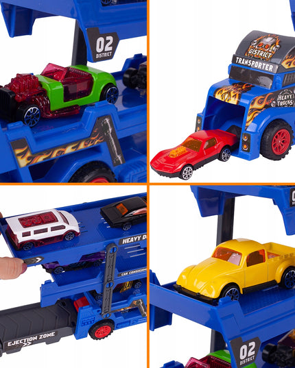 Vilkikas su automobilių paleidimo sistema, komplektas su 8 automobiliais vaikams