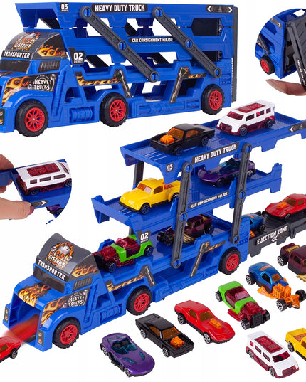 Vilkikas su automobilių paleidimo sistema, komplektas su 8 automobiliais vaikams