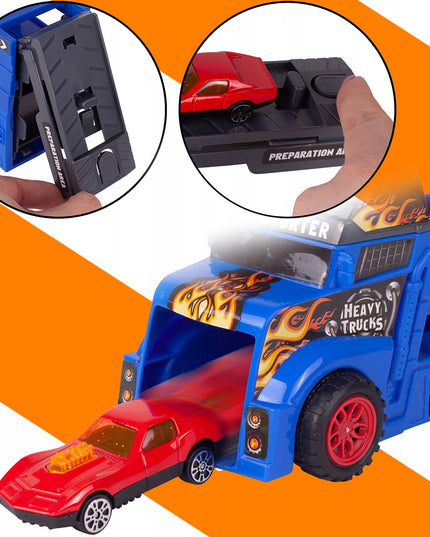 Vilkikas su automobilių paleidimo sistema, komplektas su 8 automobiliais vaikams