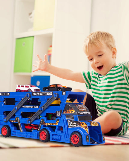 Vilkikas su automobilių paleidimo sistema, komplektas su 8 automobiliais vaikams