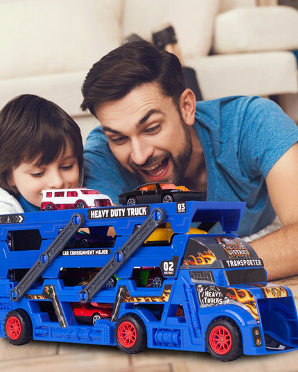 Vilkikas su automobilių paleidimo sistema, komplektas su 8 automobiliais vaikams