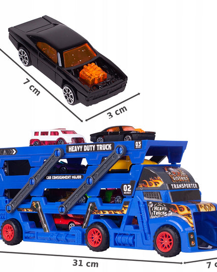 Vilkikas su automobilių paleidimo sistema, komplektas su 8 automobiliais vaikams