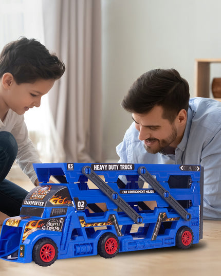 Vilkikas su automobilių paleidimo sistema, komplektas su 8 automobiliais vaikams