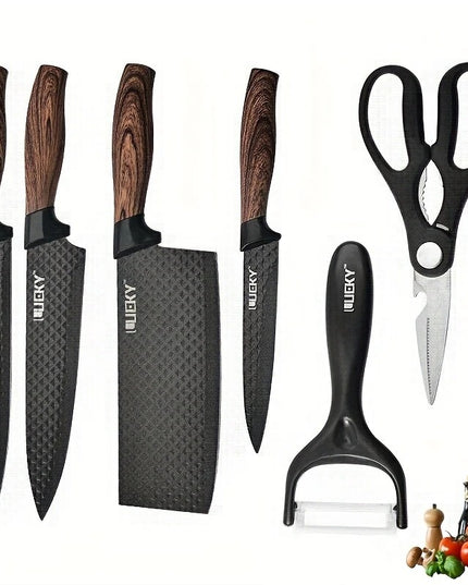 6 vnt. Virtuvės Peilių Rinkinys – Nerūdijančio Plieno Kepsnio Peiliai, Ergonomiškos Rankenos, Žirklės ir Skutimo Įrankis, Dovanų Pakuotė