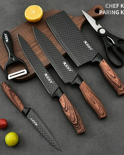 6 vnt. Virtuvės Peilių Rinkinys – Nerūdijančio Plieno Kepsnio Peiliai, Ergonomiškos Rankenos, Žirklės ir Skutimo Įrankis, Dovanų Pakuotė