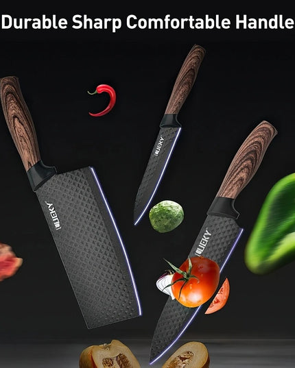 6 vnt. Virtuvės Peilių Rinkinys – Nerūdijančio Plieno Kepsnio Peiliai, Ergonomiškos Rankenos, Žirklės ir Skutimo Įrankis, Dovanų Pakuotė