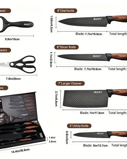 6 vnt. Virtuvės Peilių Rinkinys – Nerūdijančio Plieno Kepsnio Peiliai, Ergonomiškos Rankenos, Žirklės ir Skutimo Įrankis, Dovanų Pakuotė