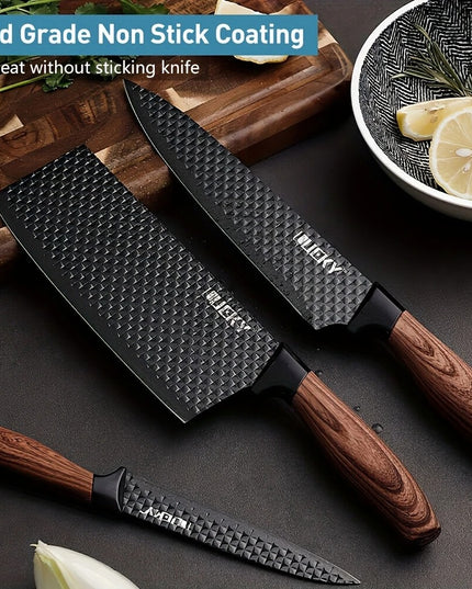 6 vnt. Virtuvės Peilių Rinkinys – Nerūdijančio Plieno Kepsnio Peiliai, Ergonomiškos Rankenos, Žirklės ir Skutimo Įrankis, Dovanų Pakuotė