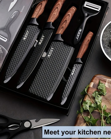 6 vnt. Virtuvės Peilių Rinkinys – Nerūdijančio Plieno Kepsnio Peiliai, Ergonomiškos Rankenos, Žirklės ir Skutimo Įrankis, Dovanų Pakuotė