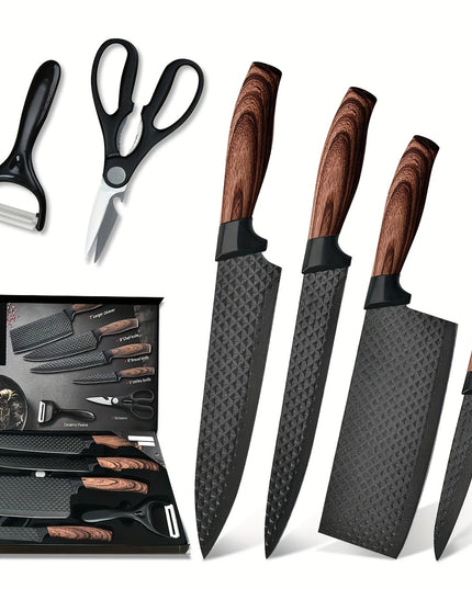 6 vnt. Virtuvės Peilių Rinkinys – Nerūdijančio Plieno Kepsnio Peiliai, Ergonomiškos Rankenos, Žirklės ir Skutimo Įrankis, Dovanų Pakuotė