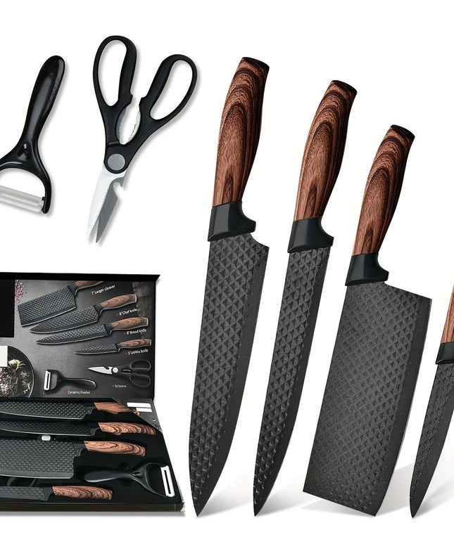 6 vnt. Virtuvės Peilių Rinkinys – Nerūdijančio Plieno Kepsnio Peiliai, Ergonomiškos Rankenos, Žirklės ir Skutimo Įrankis, Dovanų Pakuotė