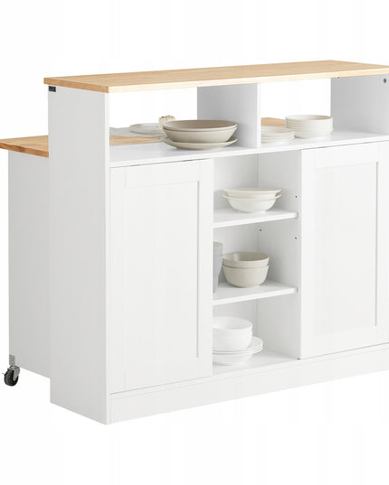 Virtuvės sala su ratukais, sulankstomu stalviršiu ir slankiojančiomis durimis – baro stalas ir papildoma vieta daiktams laikyti, MDF, guminės medienos viršus, 110x97x68 cm