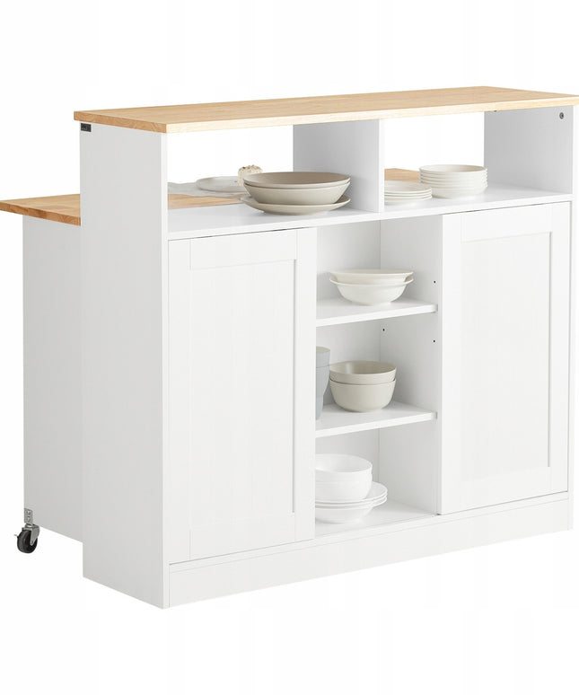 Virtuvės sala su ratukais, sulankstomu stalviršiu ir slankiojančiomis durimis – baro stalas ir papildoma vieta daiktams laikyti, MDF, guminės medienos viršus, 110x97x68 cm
