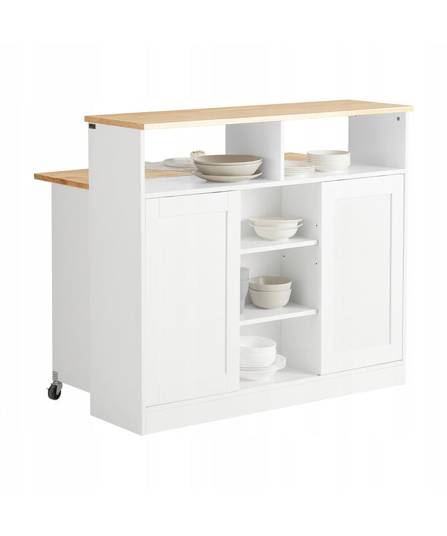 Virtuvės sala su ratukais, sulankstomu stalviršiu ir slankiojančiomis durimis – baro stalas ir papildoma vieta daiktams laikyti, MDF, guminės medienos viršus, 110x97x68 cm