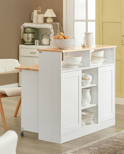 Virtuvės sala su ratukais, sulankstomu stalviršiu ir slankiojančiomis durimis – baro stalas ir papildoma vieta daiktams laikyti, MDF, guminės medienos viršus, 110x97x68 cm