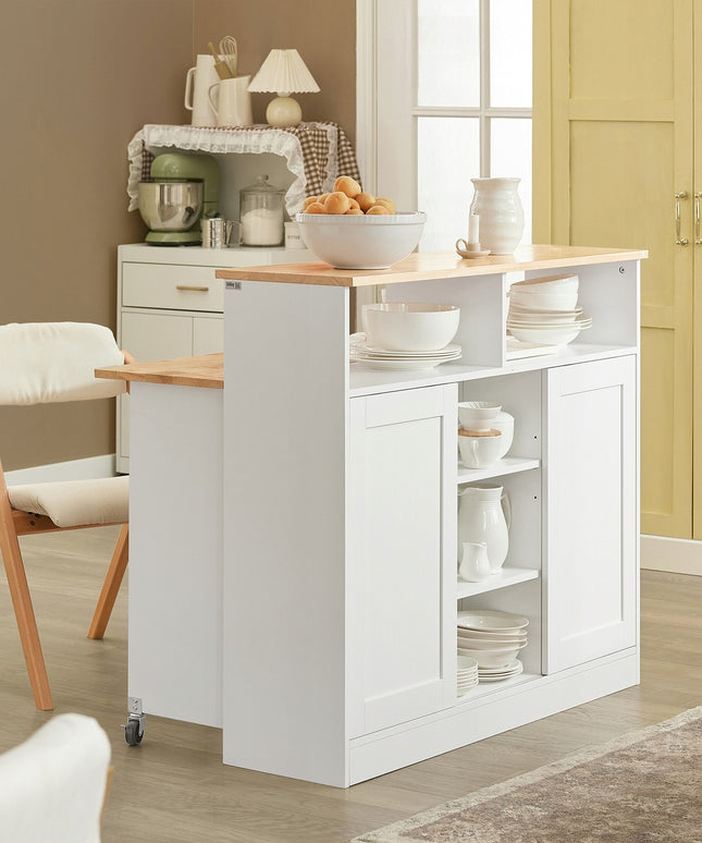 Virtuvės sala su ratukais, sulankstomu stalviršiu ir slankiojančiomis durimis – baro stalas ir papildoma vieta daiktams laikyti, MDF, guminės medienos viršus, 110x97x68 cm