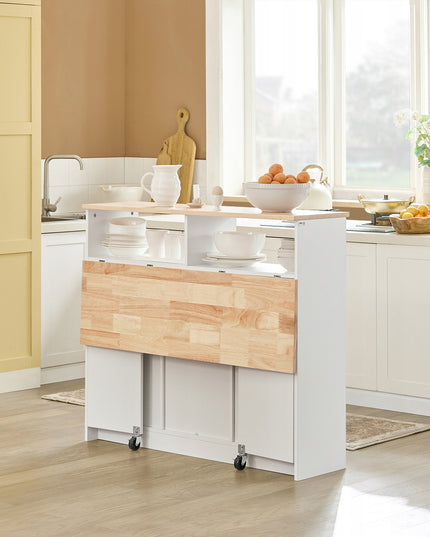 Virtuvės sala su ratukais, sulankstomu stalviršiu ir slankiojančiomis durimis – baro stalas ir papildoma vieta daiktams laikyti, MDF, guminės medienos viršus, 110x97x68 cm