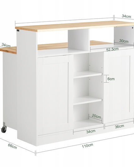 Virtuvės sala su ratukais, sulankstomu stalviršiu ir slankiojančiomis durimis – baro stalas ir papildoma vieta daiktams laikyti, MDF, guminės medienos viršus, 110x97x68 cm