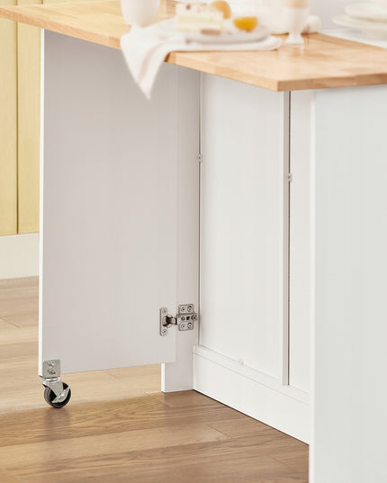 Virtuvės sala su ratukais, sulankstomu stalviršiu ir slankiojančiomis durimis – baro stalas ir papildoma vieta daiktams laikyti, MDF, guminės medienos viršus, 110x97x68 cm