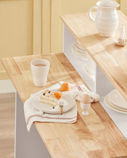 Virtuvės sala su ratukais, sulankstomu stalviršiu ir slankiojančiomis durimis – baro stalas ir papildoma vieta daiktams laikyti, MDF, guminės medienos viršus, 110x97x68 cm