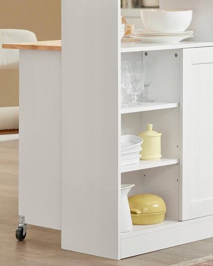 Virtuvės sala su ratukais, sulankstomu stalviršiu ir slankiojančiomis durimis – baro stalas ir papildoma vieta daiktams laikyti, MDF, guminės medienos viršus, 110x97x68 cm