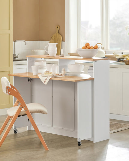 Virtuvės sala su ratukais, sulankstomu stalviršiu ir slankiojančiomis durimis – baro stalas ir papildoma vieta daiktams laikyti, MDF, guminės medienos viršus, 110x97x68 cm