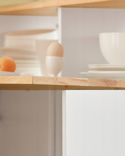 Virtuvės sala su ratukais, sulankstomu stalviršiu ir slankiojančiomis durimis – baro stalas ir papildoma vieta daiktams laikyti, MDF, guminės medienos viršus, 110x97x68 cm