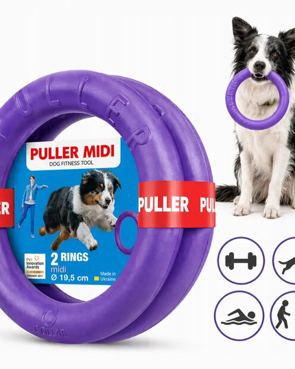 Virvutinis žaislas PULLER Midi 19,5 cm – patvarus žaislas vidutinio dydžio šunims, 2 žiedai