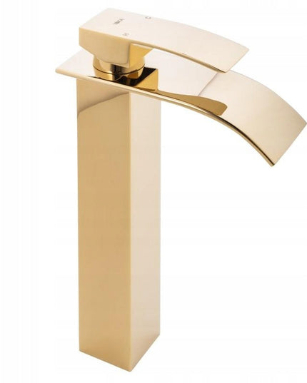 Aukštas praustuvo maišytuvas su kaskadiniu vandens srautu, auksinis (Yoka Home)