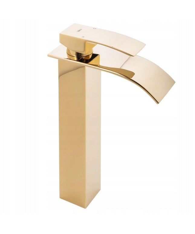 Aukštas praustuvo maišytuvas su kaskadiniu vandens srautu, auksinis (Yoka Home)