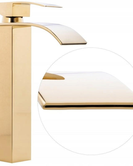 Aukštas praustuvo maišytuvas su kaskadiniu vandens srautu, auksinis (Yoka Home)