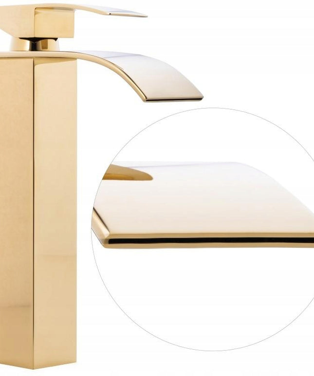 Aukštas praustuvo maišytuvas su kaskadiniu vandens srautu, auksinis (Yoka Home)