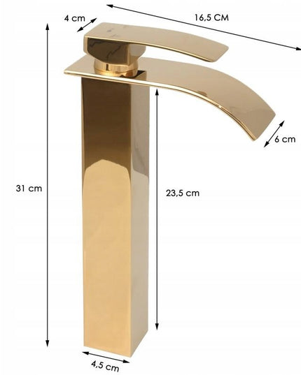 Aukštas praustuvo maišytuvas su kaskadiniu vandens srautu, auksinis (Yoka Home)