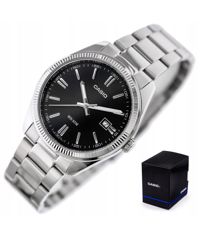 Vyriškas laikrodis Casio MTP-1302PD-1A1VDF juodas ciferblatas, sidabrinė nerūdijančio plieno apyrankė, atsparus vandeniui 50M su dėžute