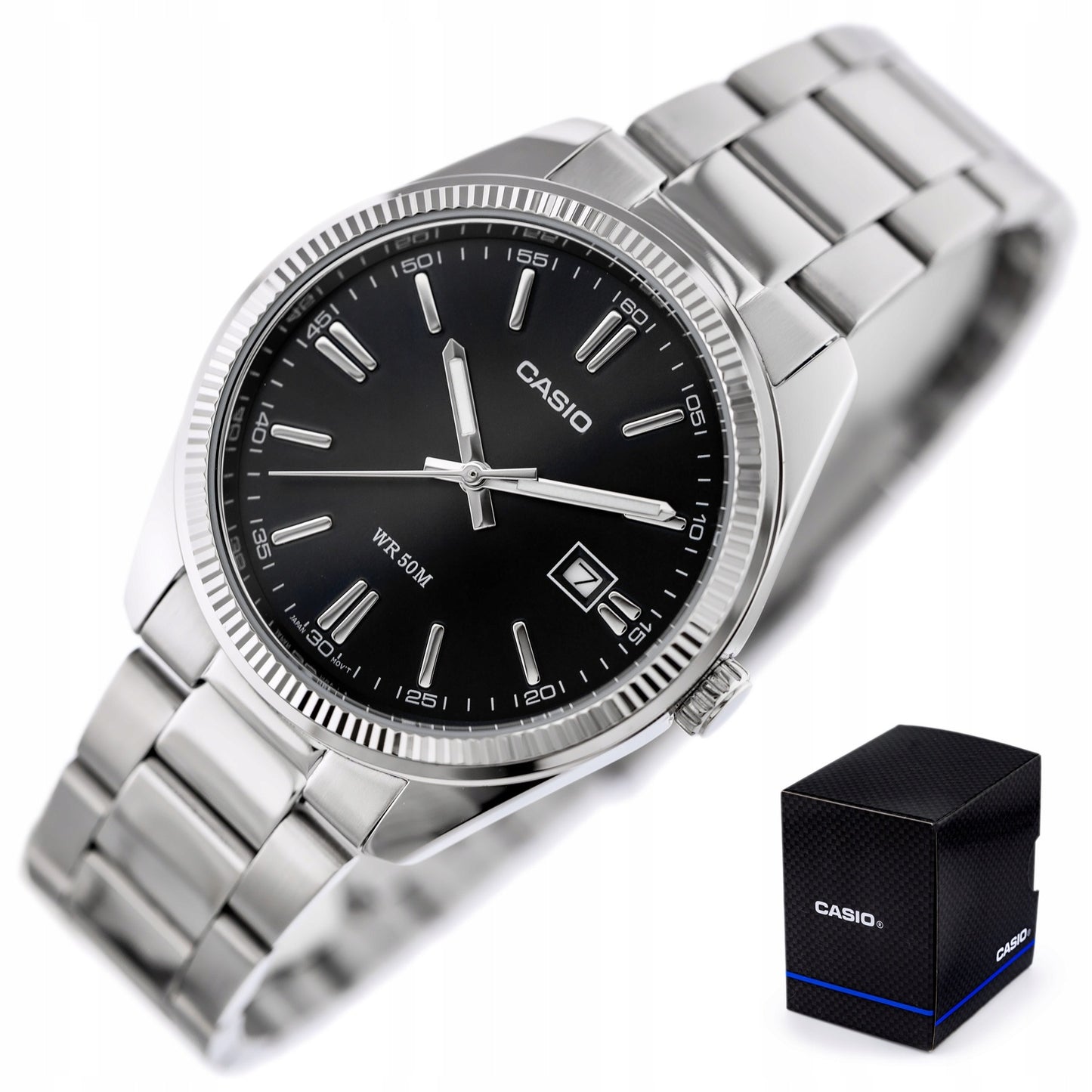 Vyriškas laikrodis Casio MTP-1302PD-1A1VDF juodas ciferblatas, sidabrinė nerūdijančio plieno apyrankė, atsparus vandeniui 50M su dėžute
