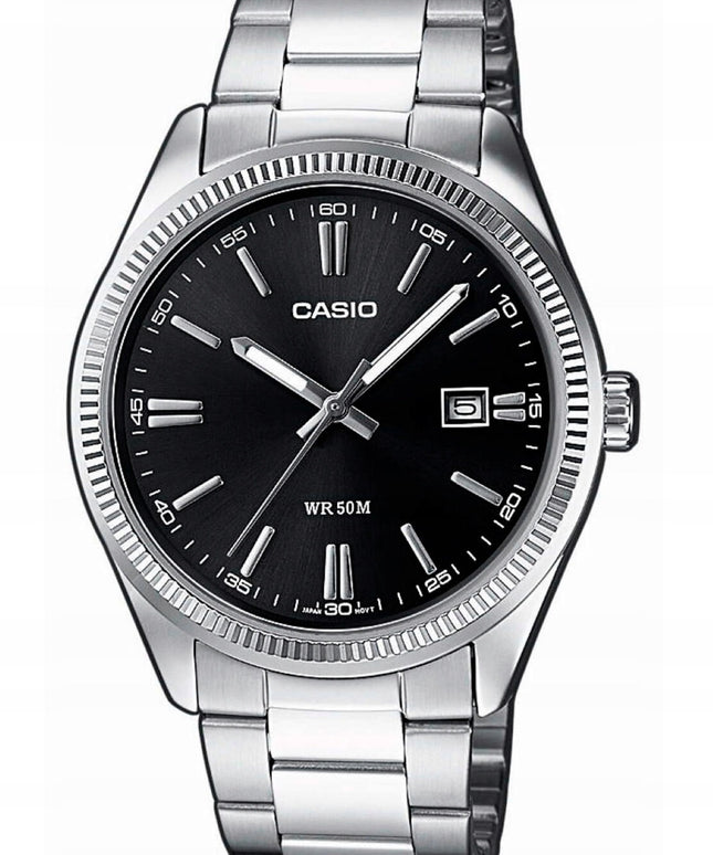 Vyriškas laikrodis Casio MTP-1302PD-1A1VDF juodas ciferblatas, sidabrinė nerūdijančio plieno apyrankė, atsparus vandeniui 50M su dėžute