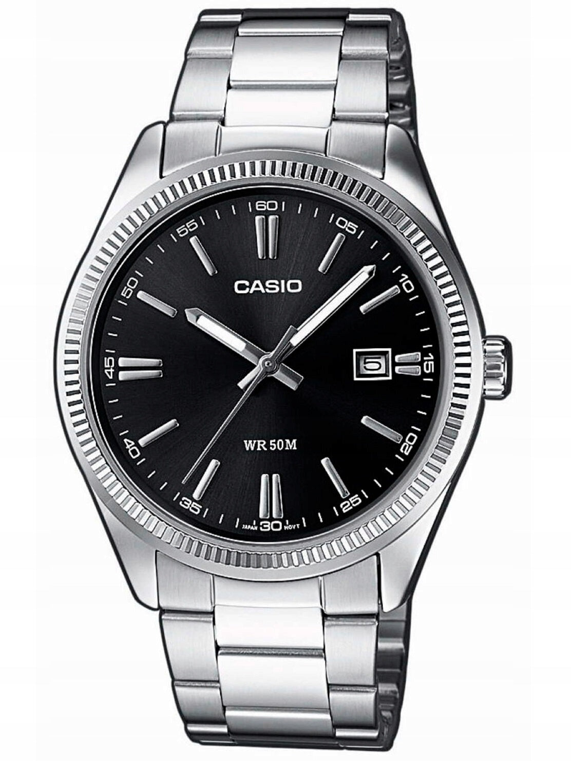 Vyriškas laikrodis Casio MTP-1302PD-1A1VDF juodas ciferblatas, sidabrinė nerūdijančio plieno apyrankė, atsparus vandeniui 50M su dėžute
